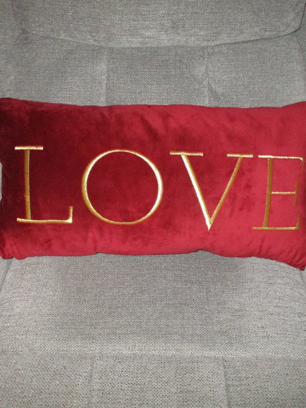 Wine Red velvet embroidered “love” in gold Lumbar pillow